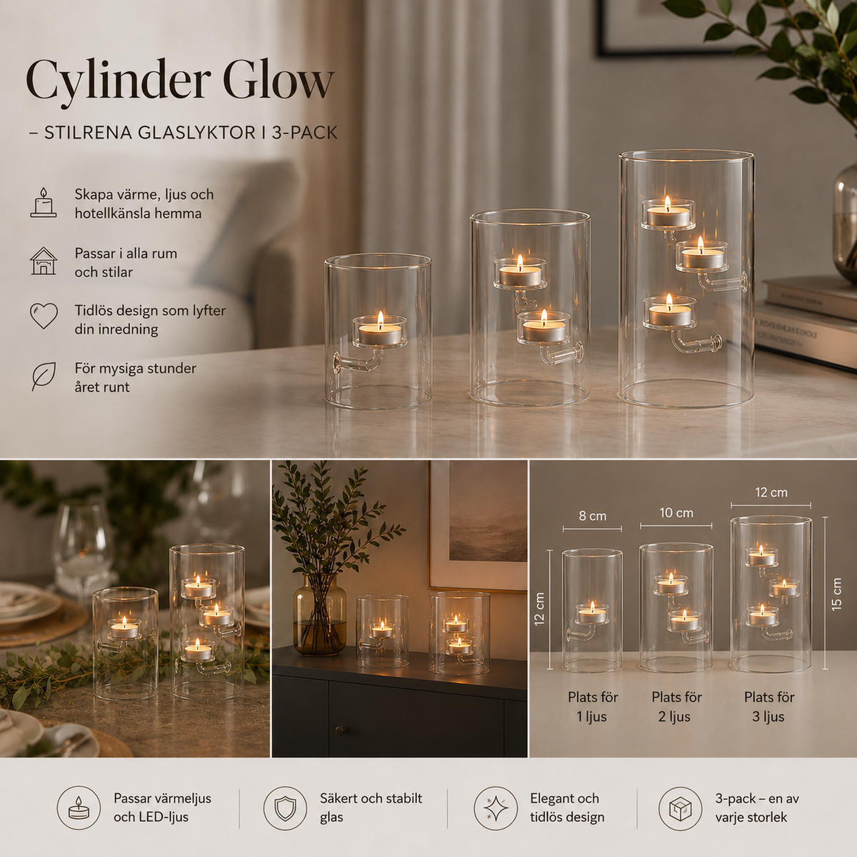 Cylinder Glow – Glaslyktor i 3-pack
