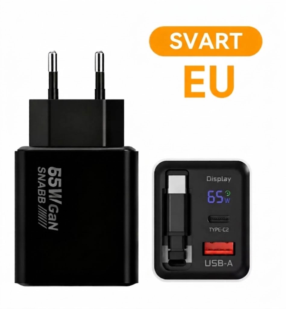 65W Type-C snabbladdare på 80 cm med USB- och Type-C-anslutning