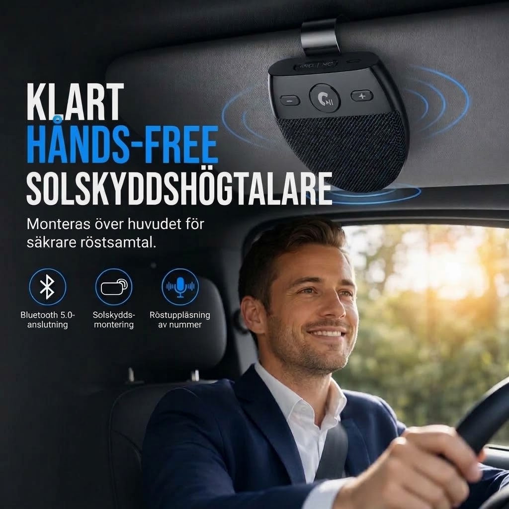 Bluetooth handsfree SP11 för solskydd, automatisk påslagning via vibration, stöd för A2DP och röstmeddelande om inkommande nummer