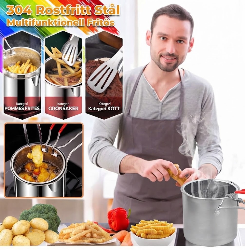 🥘 Multifunktionell Friteringsgryta i 304 Rostfritt Stål | Stänksäker & Oljesparande