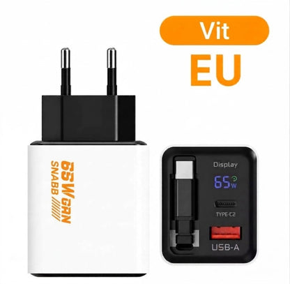 65W Type-C snabbladdare på 80 cm med USB- och Type-C-anslutning