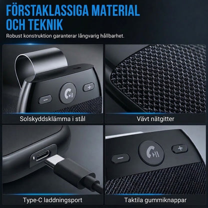 Bluetooth handsfree SP11 för solskydd, automatisk påslagning via vibration, stöd för A2DP och röstmeddelande om inkommande nummer