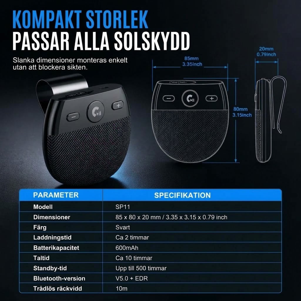Bluetooth handsfree SP11 för solskydd, automatisk påslagning via vibration, stöd för A2DP och röstmeddelande om inkommande nummer