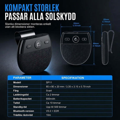Bluetooth handsfree SP11 för solskydd, automatisk påslagning via vibration, stöd för A2DP och röstmeddelande om inkommande nummer
