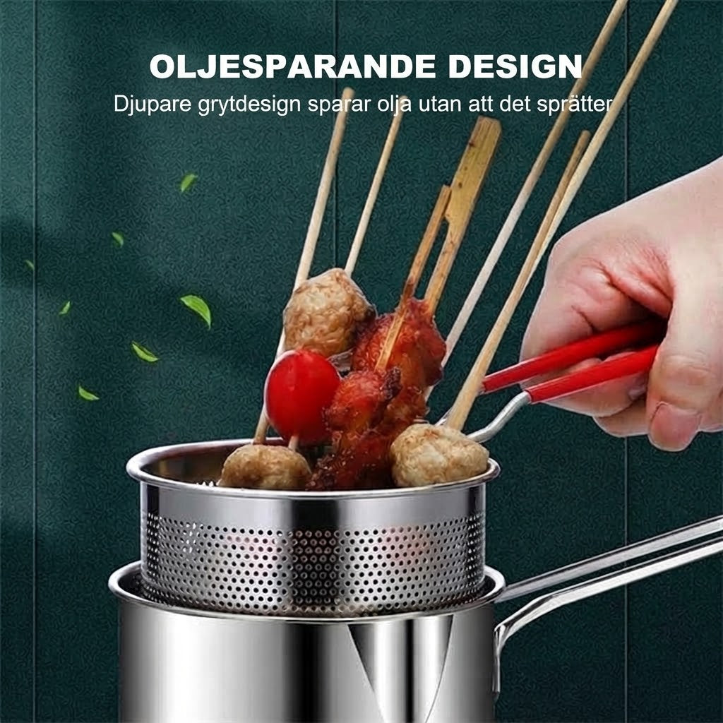 🥘 Multifunktionell Friteringsgryta i 304 Rostfritt Stål | Stänksäker & Oljesparande