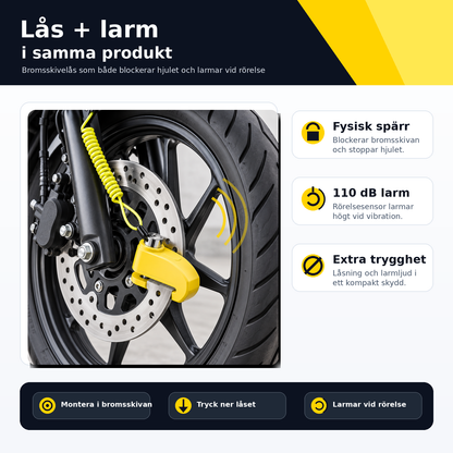 LarmLås 110 dB – Bromsskivelås för cykel, moped & MC