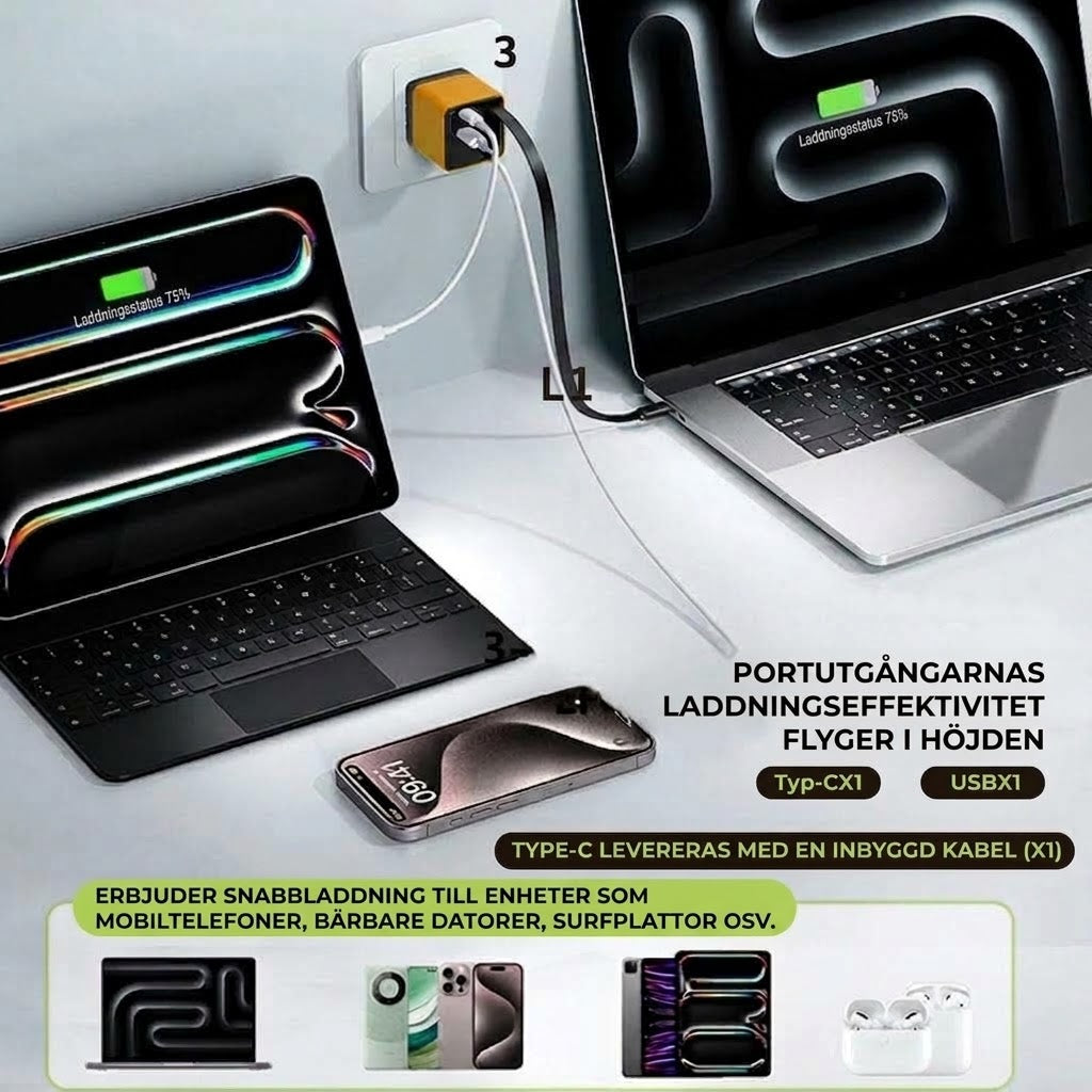 65W Type-C snabbladdare på 80 cm med USB- och Type-C-anslutning
