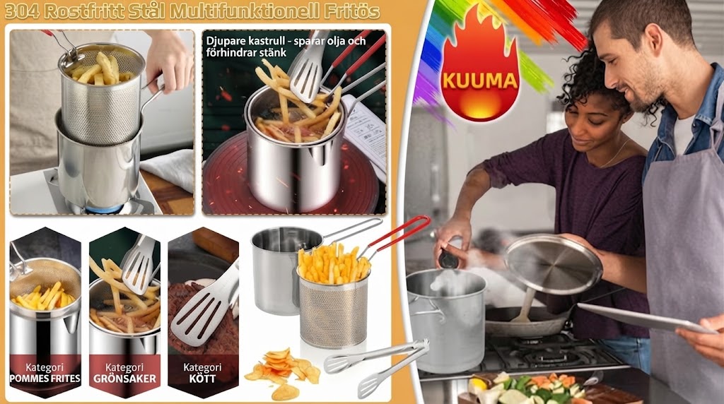 🥘 Multifunktionell Friteringsgryta i 304 Rostfritt Stål | Stänksäker & Oljesparande
