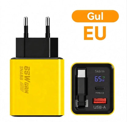65W Type-C snabbladdare på 80 cm med USB- och Type-C-anslutning