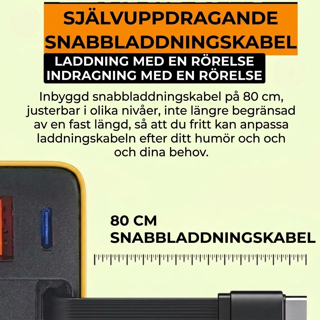 65W Type-C snabbladdare på 80 cm med USB- och Type-C-anslutning