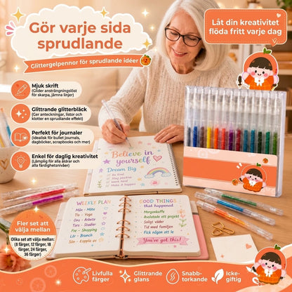 Fläckbeständig set med glittergelpennor
