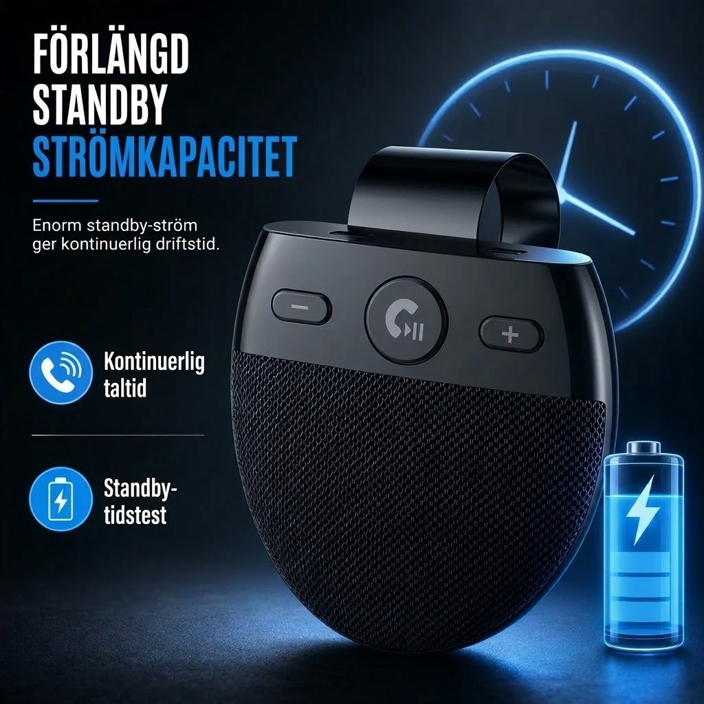Bluetooth handsfree SP11 för solskydd, automatisk påslagning via vibration, stöd för A2DP och röstmeddelande om inkommande nummer