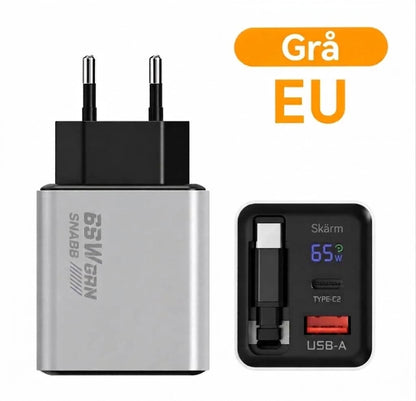 65W Type-C snabbladdare på 80 cm med USB- och Type-C-anslutning