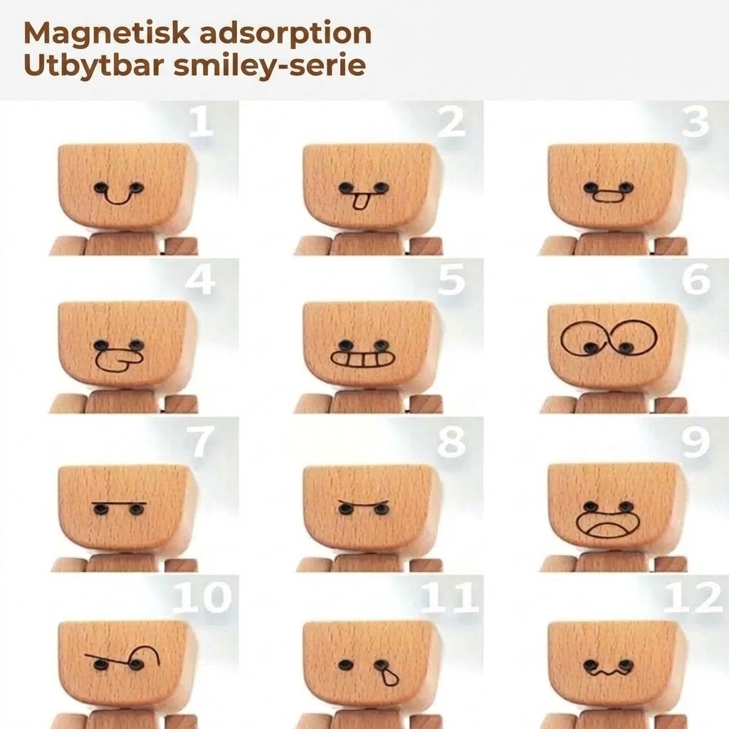 Charmig Liten Gungfigur i Trä med 12 Magnetiska Ansiktsuttryck