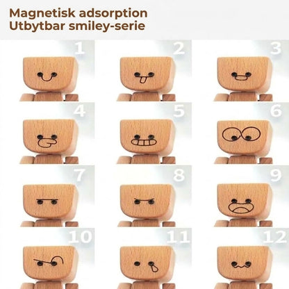 Charmig Liten Gungfigur i Trä med 12 Magnetiska Ansiktsuttryck