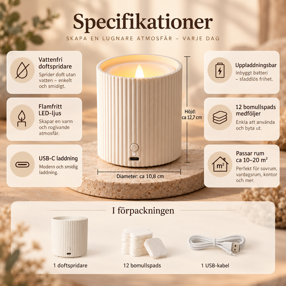 Uppladdningsbar Doftspridare med LED-ljus